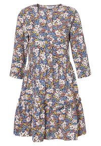 Květinové šaty s kulatým výstřihem, dlouhými rukávy a postupně vrstveným volánkem na spodním okraji. Na tmavém pozadí se vyjímají živé modré, růžové a žluté květy.