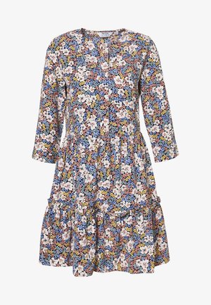 Sukienka w kwiaty z okrągłym dekoltem, długimi rękawami i warstwowym falbankowym dołem. Charakteryzuje się jaskrawymi niebieskimi, różowymi i żółtymi kwiatami na ciemnym tle.