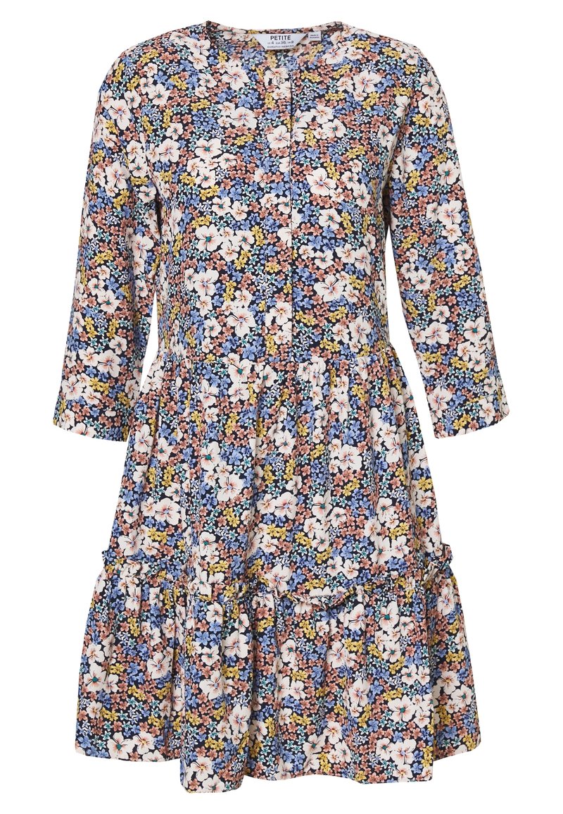 Květinové šaty s kulatým výstřihem, dlouhými rukávy a postupně vrstveným volánkem na spodním okraji. Na tmavém pozadí se vyjímají živé modré, růžové a žluté květy.