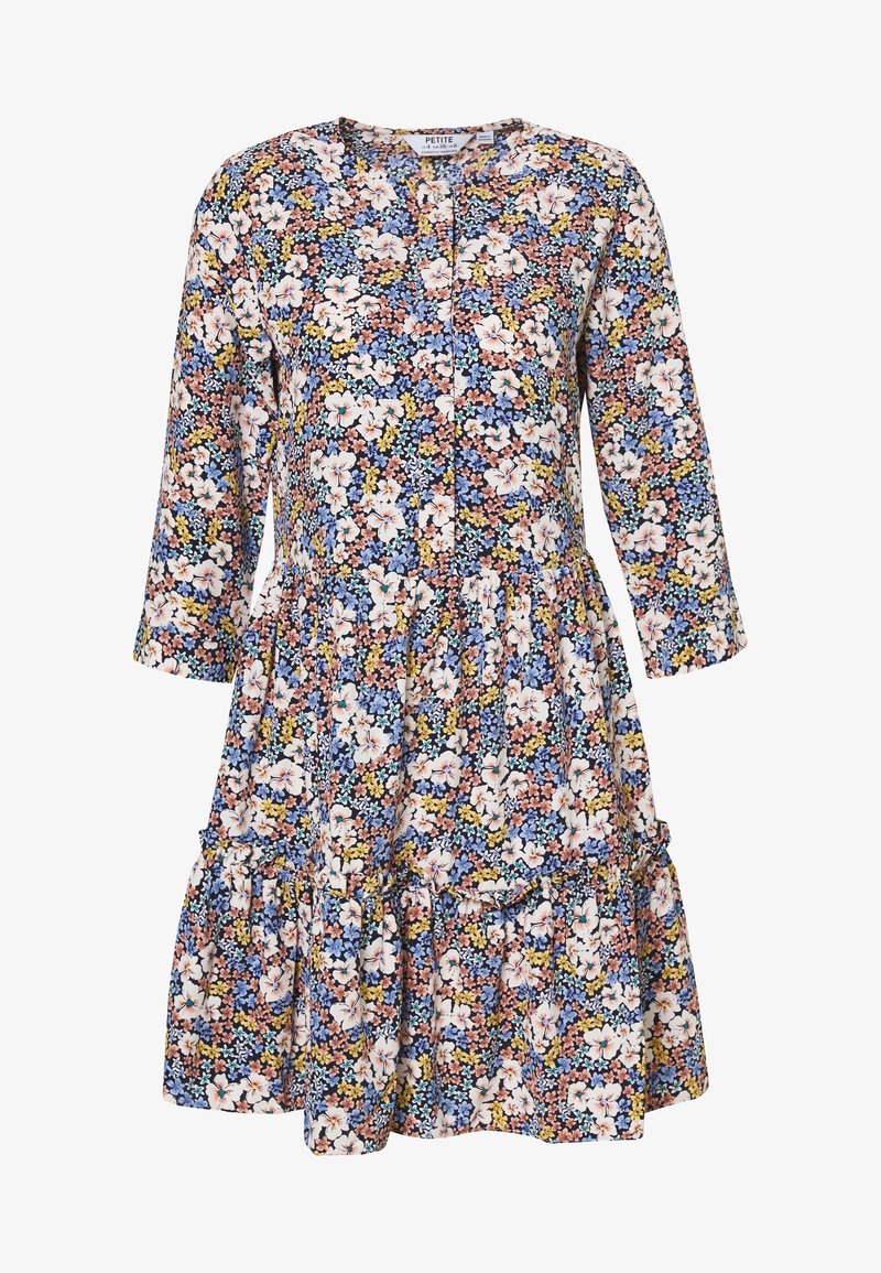 Květinové šaty s kulatým výstřihem, dlouhými rukávy a postupně vrstveným volánkem na spodním okraji. Na tmavém pozadí se vyjímají živé modré, růžové a žluté květy.