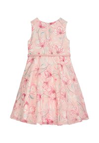 Florales Kleid aus weichem rosa Stoff mit hellen Aquarellblumen. Ärmelloses Design, tailliertes Oberteil und ausgestellter Rock. Reißverschluss hinten.