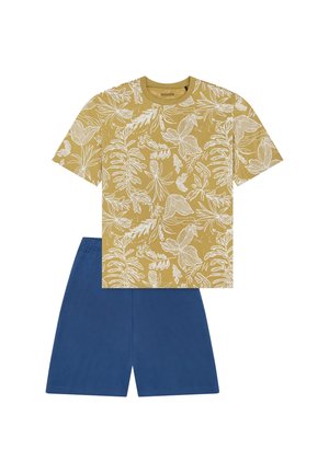 Gelbes T-Shirt mit Blumenmuster und kurzen Ärmeln, kombiniert mit blauen Shorts, beide aus weichem Stoff, mit lässigem Schnitt.