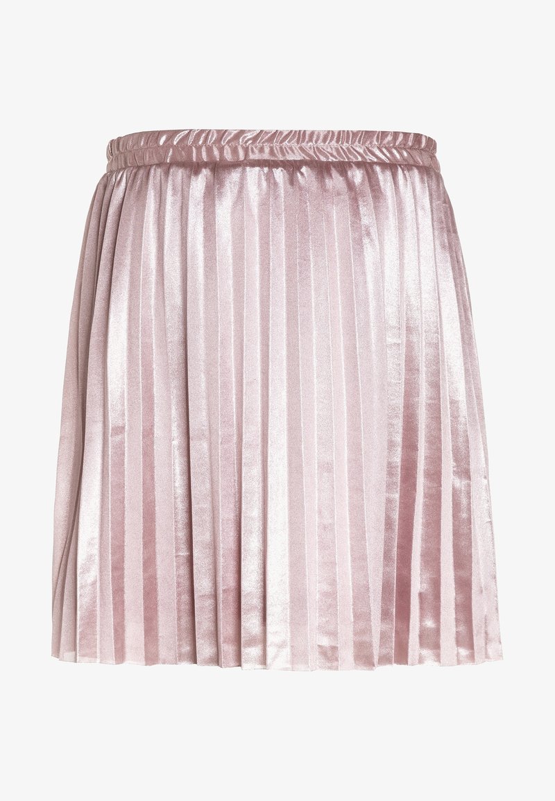 Jupe plissée en velours rose doux, dotée d'une ceinture élastique, avec une texture brillante et des rayures verticales uniformément espacées.