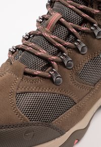 Botte de randonnée marron et noire avec des lacets accentués de rose passant dans des œillets métalliques, des panneaux en mesh respirant et une semelle texturée.