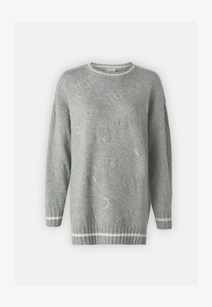 Maglione lavorato a maglia grigio chiaro con polsini e orlo a coste, caratterizzato da un design a motivi discreto, scollatura rotonda e dettagli bianchi.