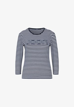 Stripet langærmet skjorte i marineblå og hvid, med rund halsudskæring og "JOOP!" logo i kontrastfarve hen over brystet.