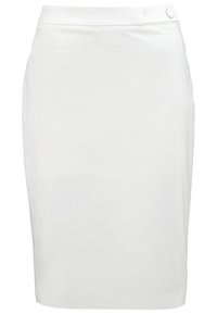 Jupe crayon blanche mi-longue à taille haute avec un petit détail bouton sur le côté droit de la ceinture.