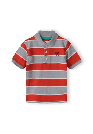 Punane ja hall triibuline polo särk, millel on krae, kolm nuppu ja tumesinine broderi detail rinnal. Puuvillane materjal ja lühikesed varrukad.