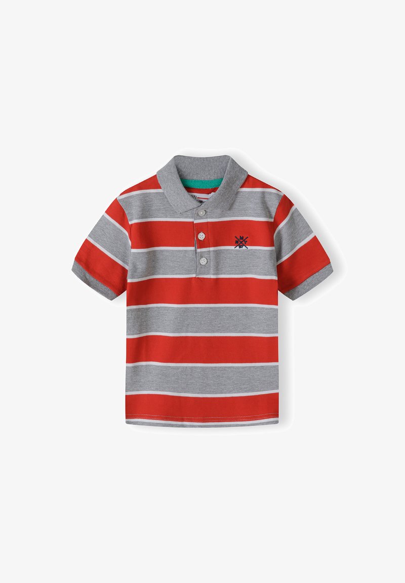 Red and gray striped polo shirt with a collar, three buttons, and a navy embroidered detail on the chest. Cotton material and short sleeves.