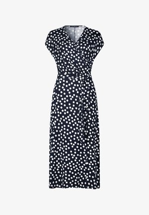 Námornícke zavinovacie šaty s krátkymi rukávmi, s bielym bodkovaným vzorom a zodpovedajúcim opaskom na zvýraznenie pásu. Ľahký materiál.