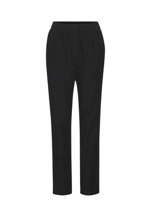 Zwarte casual broek met elastische tailleband en rechte pijpen, ontworpen voor comfort en dagelijks gebruik.