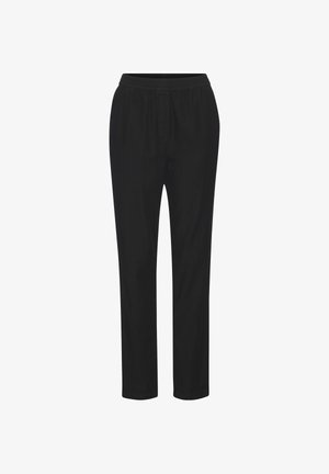 Black casual pants with elastic waistband and straight legs, designed for comfort and everyday wear.