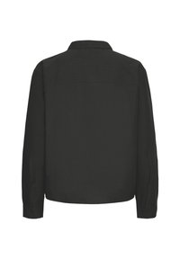 Black long-sleeve shirt with a collar, featuring a smooth texture and a back yoke detail. Buttoned cuffs and a straight cut.