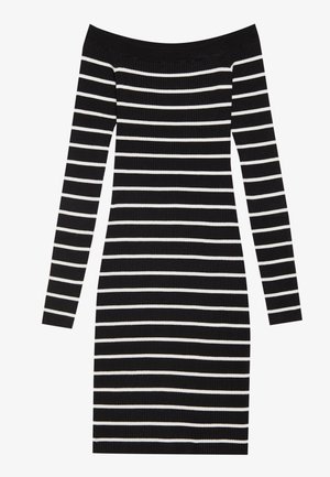 Rochie cu dungi alb-negru, cu umeri decupați, din material ribbed, cu mâneci lungi, cu o formă ajustată și dungi orizontale pentru textură.