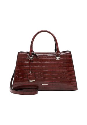 Crocodile-embossed leather handbag in deep burgundy with silver hardware, dual top handles, and a removable shoulder strap. Includes a tag.