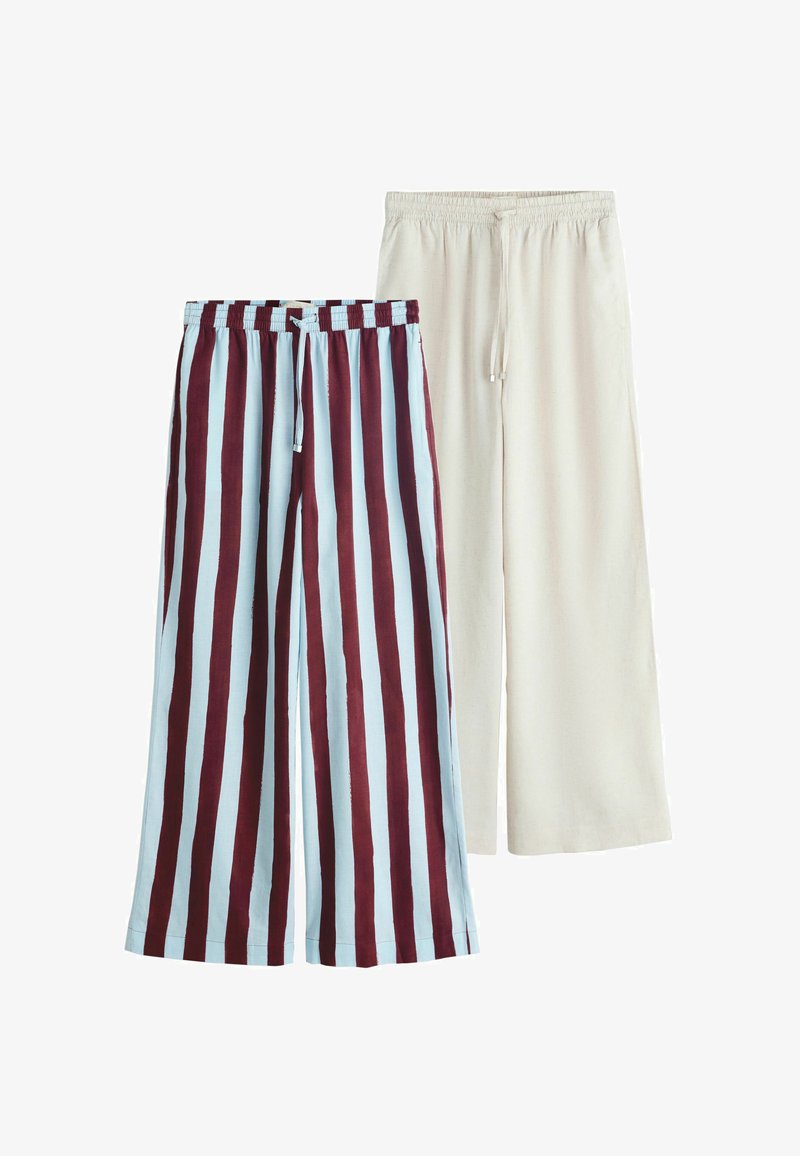 Deux pantalons : l'un à rayures verticales bordeaux et bleu clair, l'autre uni crème. Les deux ont une taille élastique et des jambes larges.