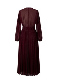 Langes burgunderfarbenes Kleid mit gefältetem Design, transparentem Stoff, langen Ärmeln, elastischem Bund und subtilen Glitzerdetails.