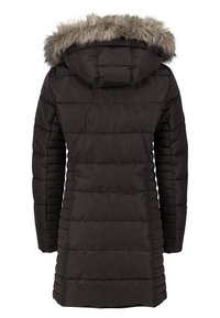 Svart puffjacka med en fuskpälsfodrad huva, sydda paneler, långa ärmar och en medellång modell för värme och täckning.