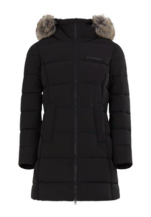 Giacca puffa nera con zip frontale, tasche laterali e cappuccio bordato in pelliccia sintetica. Design a quadrati imbottito con texture liscia.