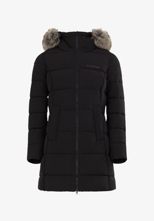 Giacca puffa nera con zip frontale, tasche laterali e cappuccio bordato in pelliccia sintetica. Design a quadrati imbottito con texture liscia.