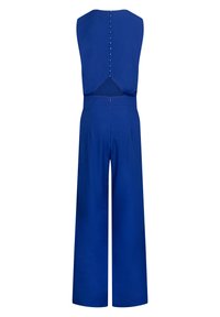 Niebieski kombinezon bez rękawów z szerokimi nogawkami, zapięcie na guziki z tyłu i wykończenie w talii. Gładka tkanina oraz detal w postaci wycięcia z tyłu.