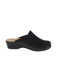 Zoccoli in suede nero con punta arrotondata, design slip-on, superficie testurizzata e suola piatta nera. Presentano una soletta imbottita per il comfort.