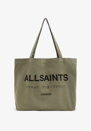 Olivenfarvet canvas tote bag med to lange håndtag, der prydes af fed sort tekst "ALLSAINTS" og "LONDON" i et minimalistisk design.