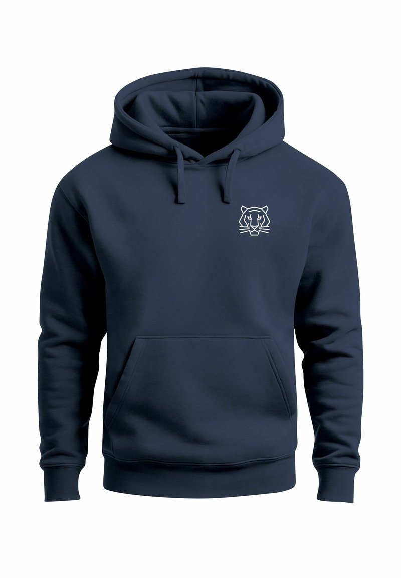 Navy blue hoodie made of soft fabric, featuring a front kangaroo pocket and a white graphic of a tiger's face on the chest.