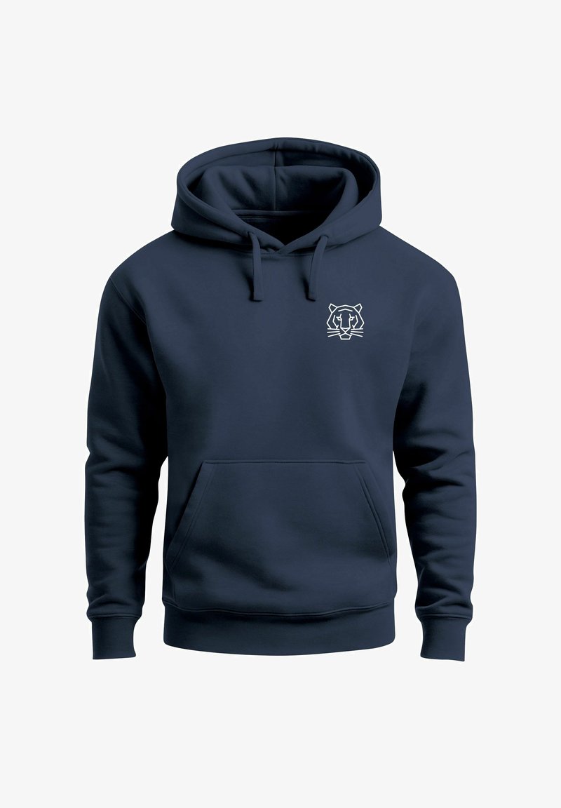 Navy blue hoodie made of soft fabric, featuring a front kangaroo pocket and a white graphic of a tiger's face on the chest.