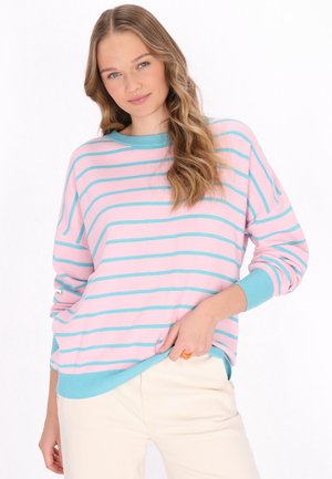 Gestreepte trui in roze en turquoise, met een geribbelde halslijn en mouwen, in een losse pasvorm en van een textuurstof. Lichtgekleurde broek.