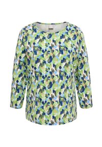 Mehrfarbiges Oberteil mit rundem Ausschnitt, Dreiviertelärmeln und einem lebhaften abstrakten Muster in grün, blau, beige und dunklen Tönen.