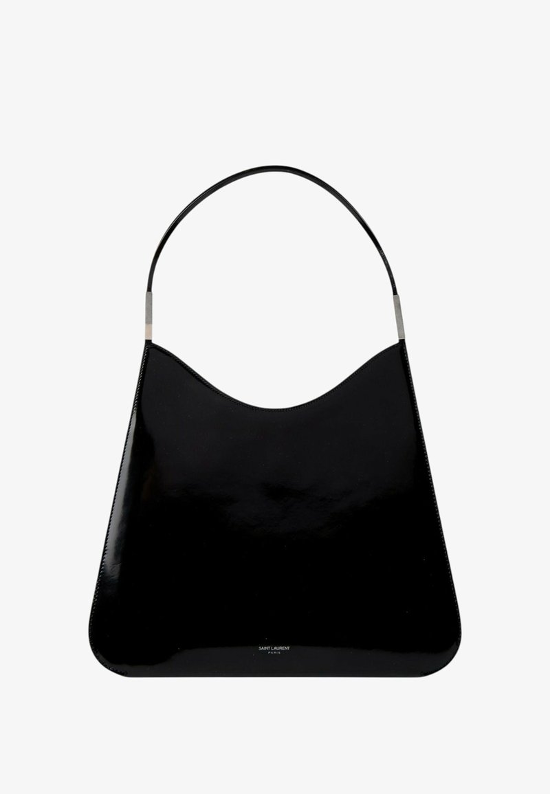 Sac à épaule en cuir verni noir avec bord supérieur incurvé et fine bandoulière, petit logo blanc Saint Laurent Paris près du bas au centre.