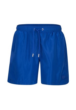 Blaue Herren-Badehose mit elastischem Bund und verstellbarem Kordelzug, mittellang mit kleinem geprägtem Logo am linken Bein.