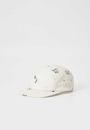 Cappellino in cotone color crema con stampa floreale, caratterizzato da piccoli fiori rosa e foglie verdi, visiera piatta e design a sei pannelli.
