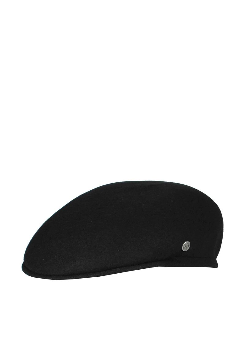 Béret en laine noire avec une texture lisse, un sommet arrondi et une bande étroite. Présente un petit logo métallique en accent sur le côté.