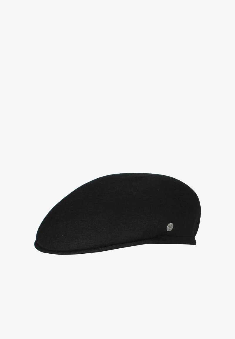 Black wool beret with a smooth texture, a rounded top, and a narrow band. Features a small metallic logo accent on the side.