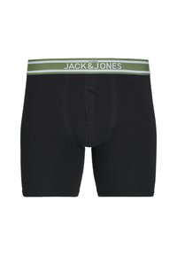 Black men's boxer briefs with green and white elastic waistband featuring "JACK & JONES" branding.