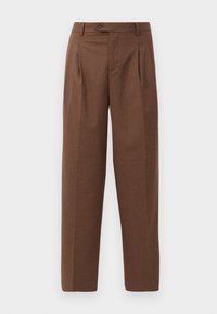 Braune, taillierte Hose mit geradem Schnitt, sichtbaren Falten, seitlichen Taschen und einem einzigen Knopfverschluss am Bund. Glatte Textur.