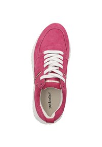 Pink suede sneaker with white laces, rounded toe, white rubber sole, and gold accents along the sides. Brand name "Palado" visible inside.