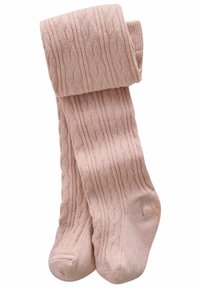 Helle rosa Kabelstrickstrumpfhosen mit einem strukturierten Rippenmuster, aus weichem Strickmaterial und oben umgeschlagen für eine einfache Aufbewahrung.