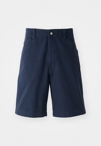 Navy blue cotton shorts with a flat front, two side pockets, and a single button closure at the waist. Classic straight leg design.
