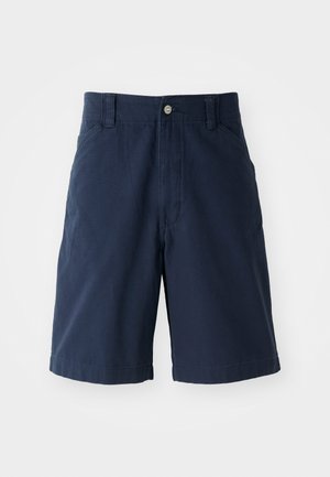 Navy blue cotton shorts with a flat front, two side pockets, and a single button closure at the waist. Classic straight leg design.