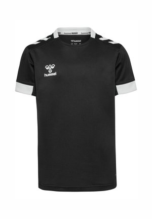 Sort sportstrøje med korte ærmer, hvid krave og manchetter, hummel-logo på brystet og hvide skråstriber på skuldrene.