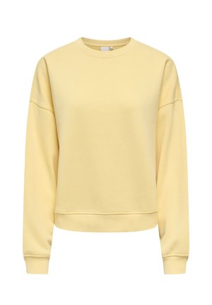 Lichtgele sweatshirts met ronde hals en lange mouwen, met geribbelde manchetten en boord, weergegeven op een witte achtergrond.