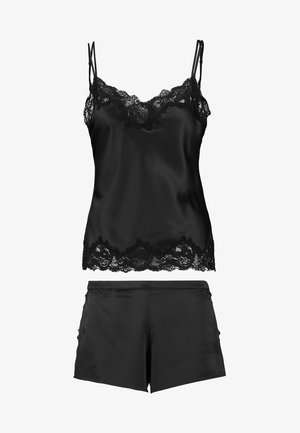 Schlafset aus schwarzem Satin, bestehend aus einem Cami-Top mit Spitzenbesatz und verstellbaren Trägern, kombiniert mit passender Shorts für einen stimmigen Look.