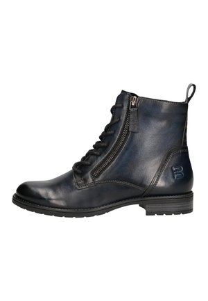 Stivaletto in pelle nera con lacci anteriori, cerniera laterale, tacco basso e linguetta posteriore.