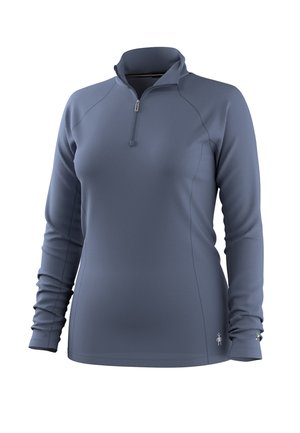 Damen-Sportpullover mit langen Ärmeln, grau, mit Viertelreißverschluss und hohem Kragen, mit dezenten Nahtdetails und kleinem Logo nahe dem Saum.