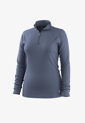 Damen-Sportpullover mit langen Ärmeln, grau, mit Viertelreißverschluss und hohem Kragen, mit dezenten Nahtdetails und kleinem Logo nahe dem Saum.