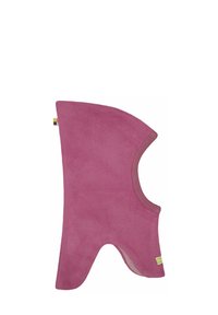 Roze fleece balaclava met een hoge snit, afgeronde randen en een zij-label. Zachte textuur en geen zichtbare patronen of hardware.