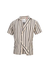 Korte mouwen shirt in crème en zwarte horizontale strepen, gemaakt van gestructureerde stof. Heeft een kraag met knoopsluiting.